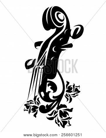 Violin Musical Instrument Among Rose Flowers - Black And White Vector Design