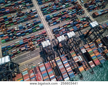 Kwai Tsing, Hong Kong 02 May 2018:- Top view of Kwai Tsing Container Terminals in Hong Kong