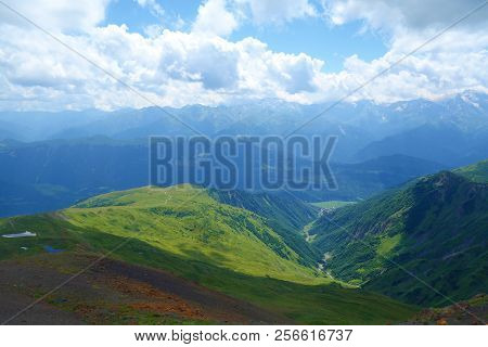 Hiking Trail Leading From Koruldi Lakes To Mount Ushba Glacier In Caucasus Mountains, Upper Svaneti 