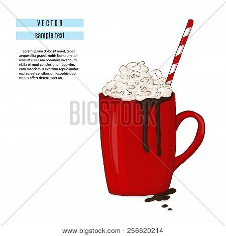 Hot Chocolate Drink Illustration. Breakfast Red Cup With Cocoa And Marshmallow Print. Sweet Winter C