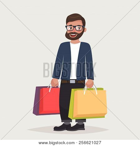 Berded Hipster Man In Glasess Is Shopping With The Packages. Vector Illustration In Cartoon Style