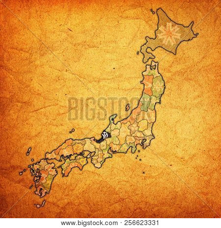 Flag Of Fukui Prefecture On Map With Administrative Divisions And Borders Of Japan