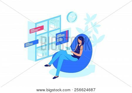 Reading Online Book, Abandonment Of Paper Books. Woman Reading E-book. Paper Book On Shelf, New Gene