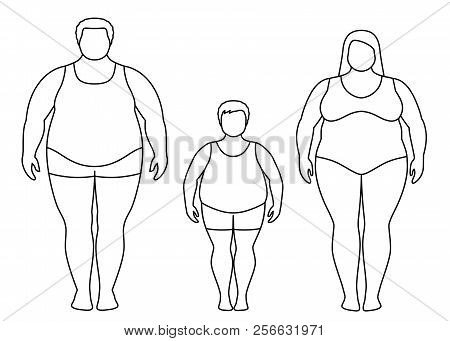 Contours Of Fat Man, Woman And Child. Obese Family Vector Illustration. Unhealthy Lifestyle Concept.