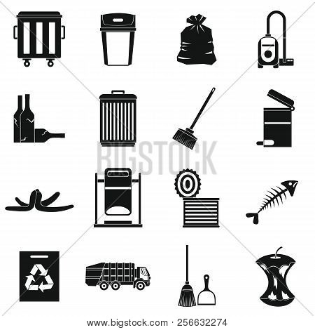 Garbage Thing Icons Set. Simple Illustration Of 16 Garbage Thing Icons For Web