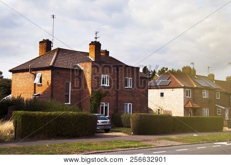Corby, United Kingdom - September, 01, 2018: Typical English House, Orange Brick Homes. Copy Space.