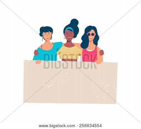 Diverse Woman Group Holding Blank Banner For Special Event Text. Happy Young Girl Friends With Empty