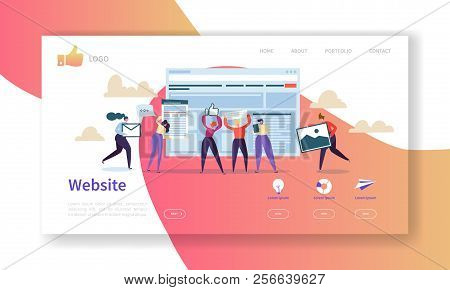 Website Development Landing Page Template. Mobile Application Layout With Flat People Characters. Ea