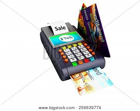 Modern Nfs Payment On Payment Card Pos-terminal With Credit Card Inside And Outside View Perspective
