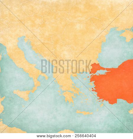 Turkey On The Map Of Balkans In Soft Grunge And Vintage Style, Like Old Paper With Watercolor Painti
