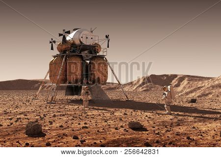 Descent Module Of Interplanetary Space Station And Astronauts On Surface Of Planet Mars. 3d Illustra