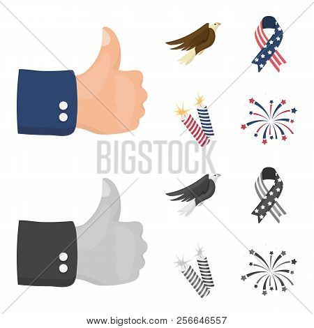 American Eagle, Ribbon, Salute. The Patriot S Day Set Collection Icons In Cartoon, Monochrome Style 