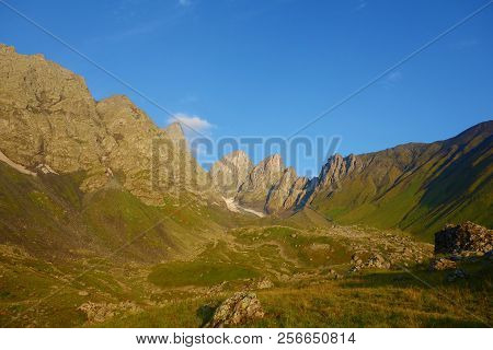 View On Chaukhi Mountain Pass From Abudelauri Green Lake In Caucasus Mountains