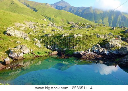 View On Chaukhi Mountain Pass From Abudelauri Blue Lake In Caucasus Mountains