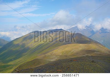 Views On Chaukhi Mountain Pass On A Hiking Trail From Abudelauri Lakes To Juta In Caucasus Mountains