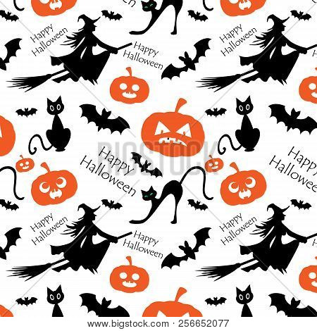 Pattern For Halloween With Witch, Orange Pumpkins, Black Cat And Bats