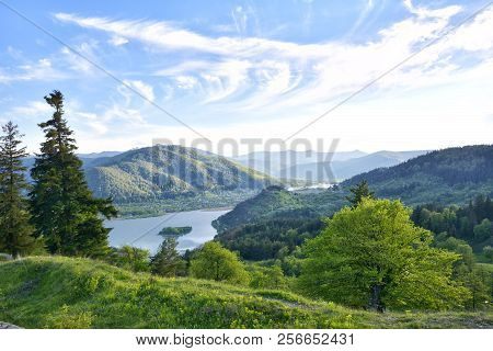 Summer Landscape With Green Field, Lake And Blue Sky. Neamt, Roamania