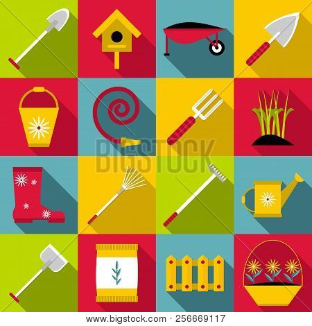Gardener Tools Set. Flat Illustration Of 16 Gardener Tools Icons For Web