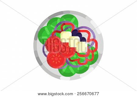 Salad. Salad Flat. Fresh Vegetable And Green Leaf Salad Dish. Vector Illustration.