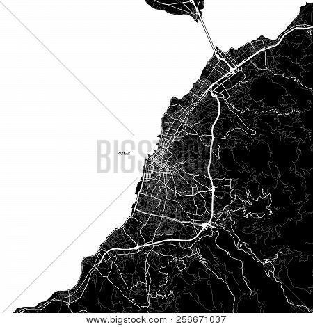Area Map Of Patras, Greece. Dark Background Version For Infographic And Marketing Projects.