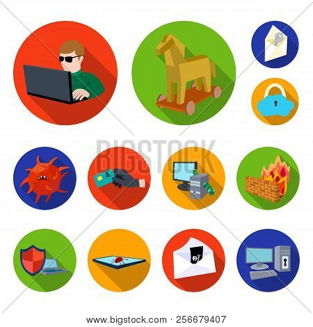 Hacker And Hacking Flat Icons In Set Collection For Design. Hacker And Equipment Vector Symbol Stock