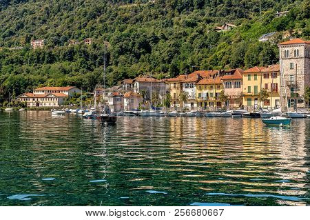 View Of Historic Village Pella On The Western Shore Of Lake Orta, Province Of Novara, Italy