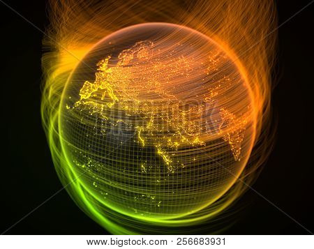 Dark Earth Globe With Glowing Details And Light Rays. 3d Illustration