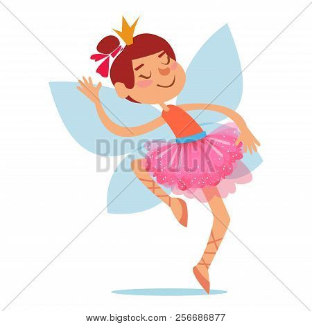 Ballerina With A Crown And Wings Of A Fairy In A Cartoon Style. Vector Illustration.