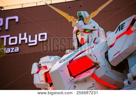 Tokyo, Japan - April 20 2018: Full-size Mobile Suit  Rx-0 Unicorn Gundam Replica From The Mobile Sui