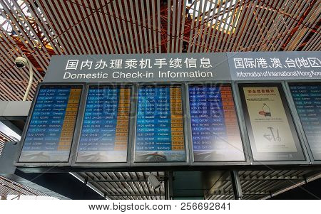 Beijing, China - Feb 28, 2018. Infomation Boards At Beijing Capital International Airport (pek). It 