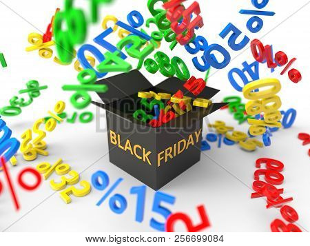 Black Friday Sales Concept With Box And Discount Rates. 3d Illustration