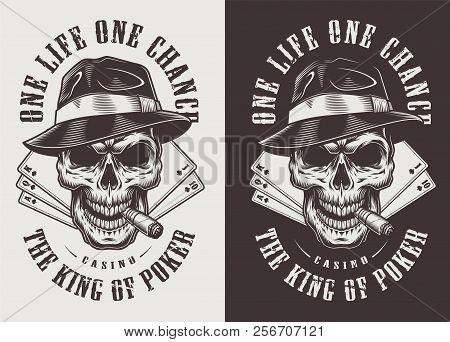 Skull In Fedora Hat, Casino Emblem Concept. Vector Illustraiton