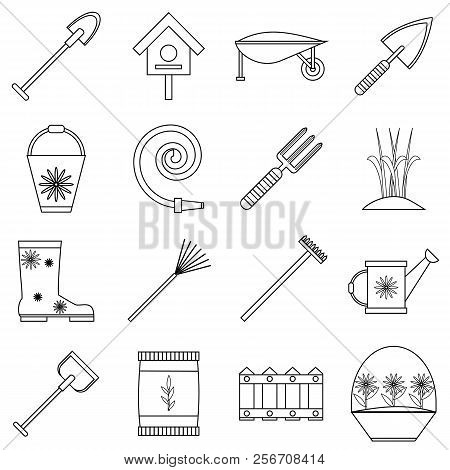 Gardener Tools Set. Outline Illustration Of 16 Gardener Tools Icons For Web