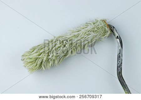 A One Shaggy Roller For Painting Wall At Home On White Background. Ready For Using