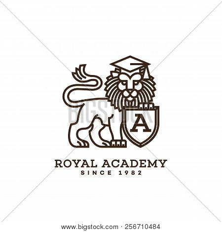 Lion Logo Template Design With A Shield For Schools, Colleges, Universities, Academies. Vector Illus