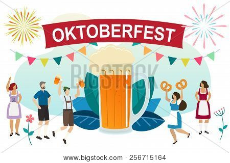 Men And Women In Traditional Bavarian Clothes Celebrate Beer Festival Oktoberfest. Friends In Tracht