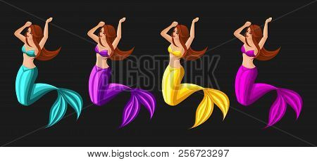 Isometrics Game Concept Cartoon With Fairy-tale Characters, Set Of Mermaids, Girls, Serenas, Differe
