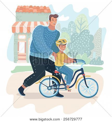 Vectro Cartoon Illustration Of Father Teaching His Son To Ride A Bicycle For A First Time. Man Help 