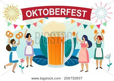 Women In Traditional Bavarian Clothes Celebrate Beer Festival Oktoberfest. Girls Friends In Dindl Ha