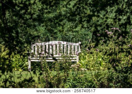 Secret Rendezvous. Secluded Empty Bench Seat In A Country Garden. Meeting Place For Lovers Perhaps. 