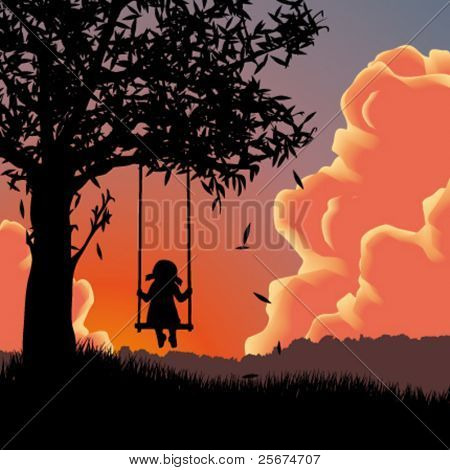 スイングの女の子のベクトル シルエット。サンセット