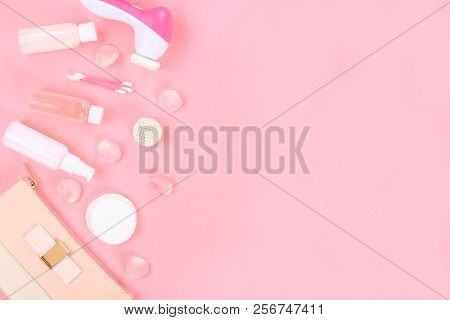 Skincare Beauty Treatment Plant-based Products With Pink Rose Petals. Jar Of Body Moisturizer, Attar