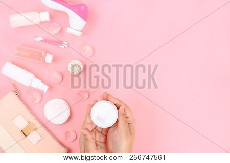 Skincare Beauty Treatment Plant-based Products With Pink Rose Petals. Jar Of Body Moisturizer, Attar