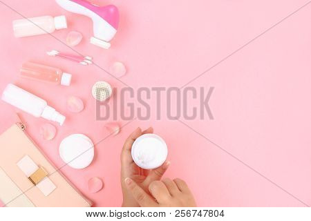Skincare Beauty Treatment Plant-based Products With Pink Rose Petals. Jar Of Body Moisturizer, Attar