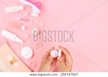 Skincare Beauty Treatment Plant-based Products With Pink Rose Petals. Jar Of Body Moisturizer, Attar