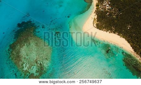 Aerial View Of Beautiful Tropical Island Daco With White Sand Beach. View Of A Nice Tropical Beach F
