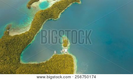 Aerial View: Bucas Grande Island, Sohoton Cove. Philippines. Tropical Sea Bay And Lagoon, Beach. Tro