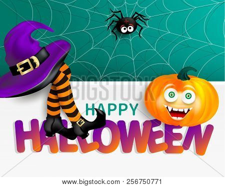 Cute Spider On Cobweb, Orange Pumpkin With Happy Monster Face, Purple Witch Hat And Legs With Stripe