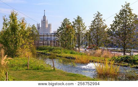 Moscow - September 4, 2018: Zaryadye Park with the modern amphitheater in Moscow, Russia. Zaryadye is one of the main tourist attractions of Moscow