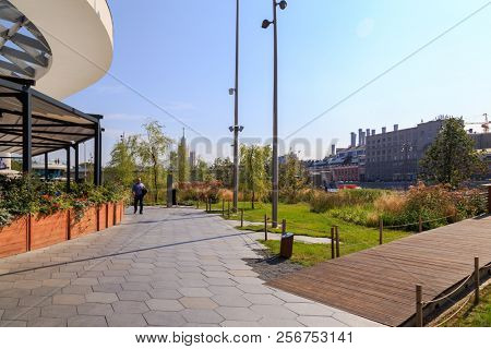 Moscow - September 4, 2018: Zaryadye Park with the modern amphitheater in Moscow, Russia. Zaryadye is one of the main tourist attractions of Moscow